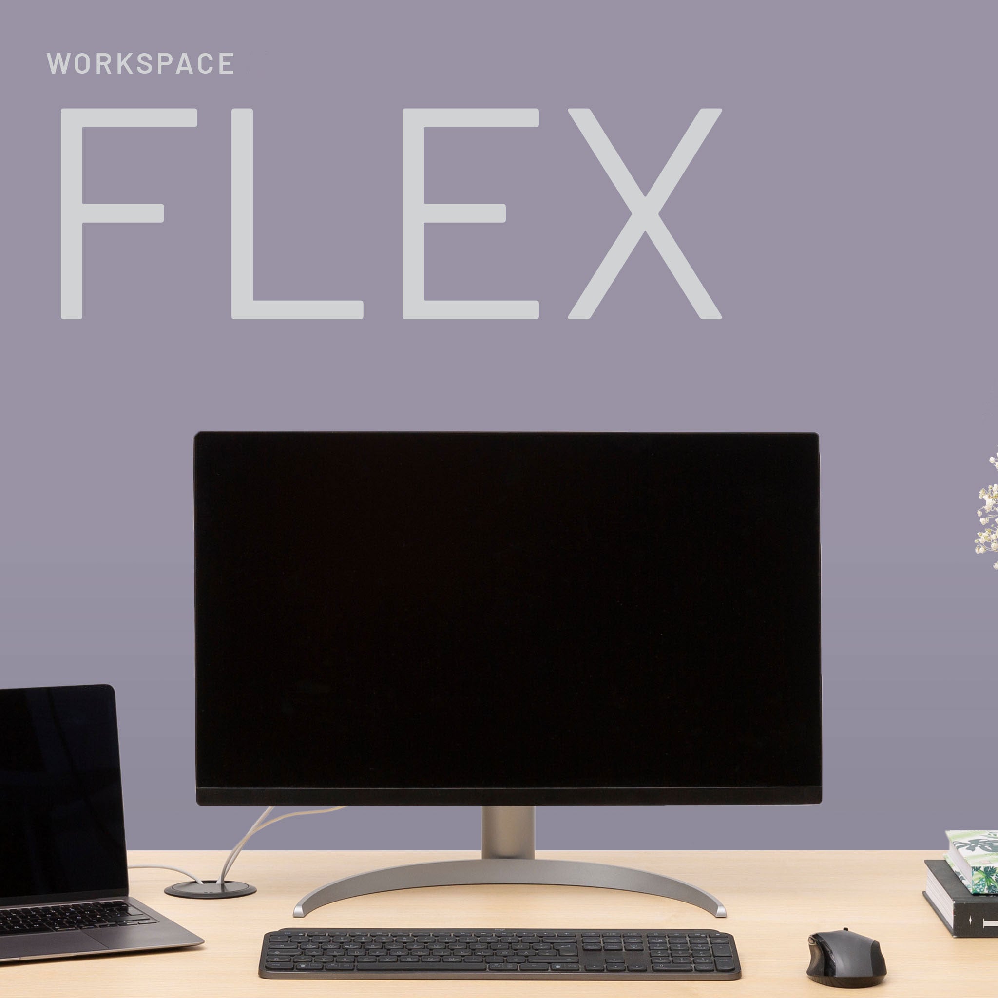 A minimalist home office with the FLEX monitor, keyboard, mouse, closed laptop, and books on a light wooden desk with a purple background. Large text reads FLEX, smaller text reads WORKSPACE Plug-and-play simplicity.