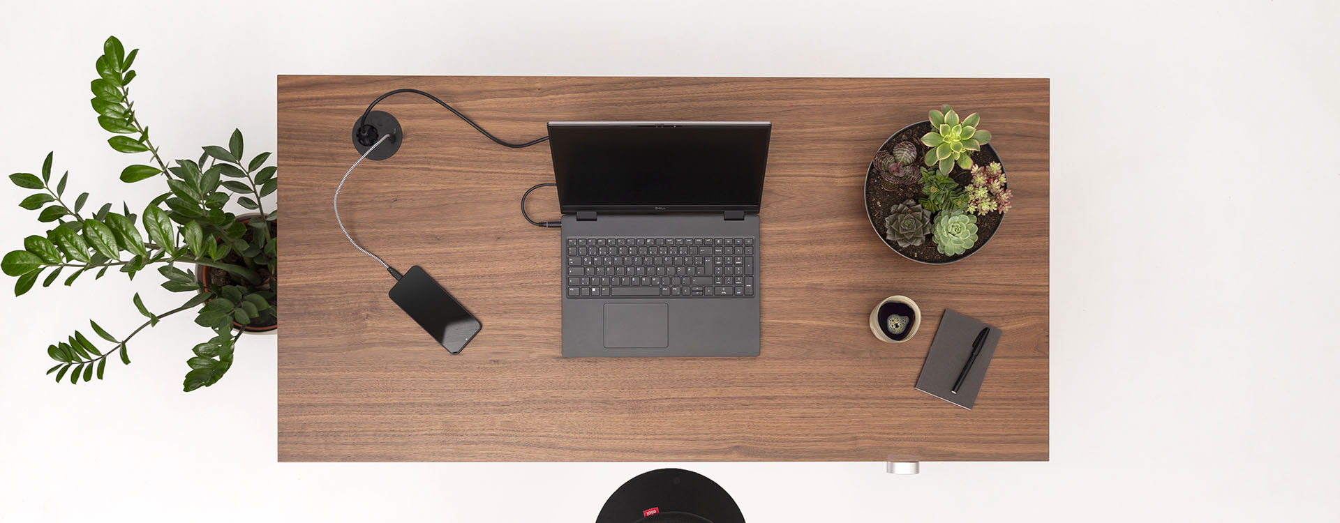 A top-down view of a wooden desk with a laptop, TINY portable hard drive, notepad with pen—dein perfekter Organisator und Begleiter für den Alltag—plus eine kleine Tasse Kaffee und eine Pflanze auf der linken Seite.