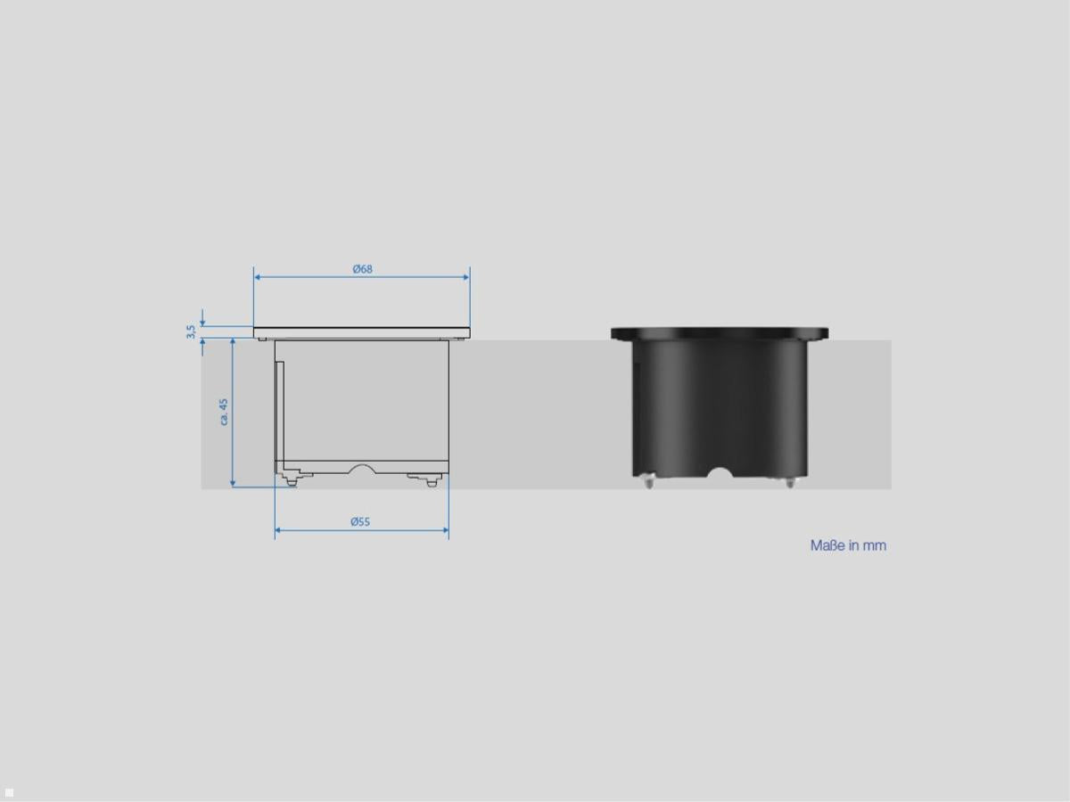 Technical drawing of the black cylindrical Kombicharger USB A/C with USB-A and C ports, showing side and front views, labeled Maße in mm: 64 mm diameter, 55 mm width, 34.5 mm height.