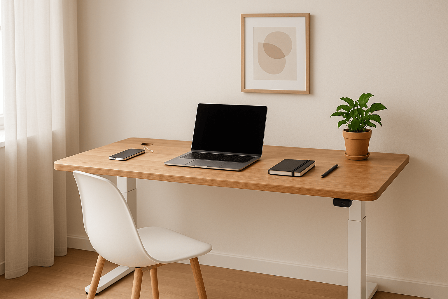 A minimalist workspace with a wooden desk featuring a laptop, smartphone, notebook, pen, and a potted plant. A white chair sits in front, and abstract art hangs on the wall above the desk. Light filters through a curtain.
