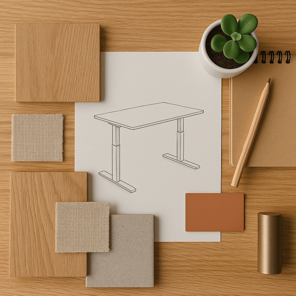 A top view of a desk with wood and fabric samples, a brown notepad, a pencil, a small potted succulent, and a paper showing a technical drawing of a table.