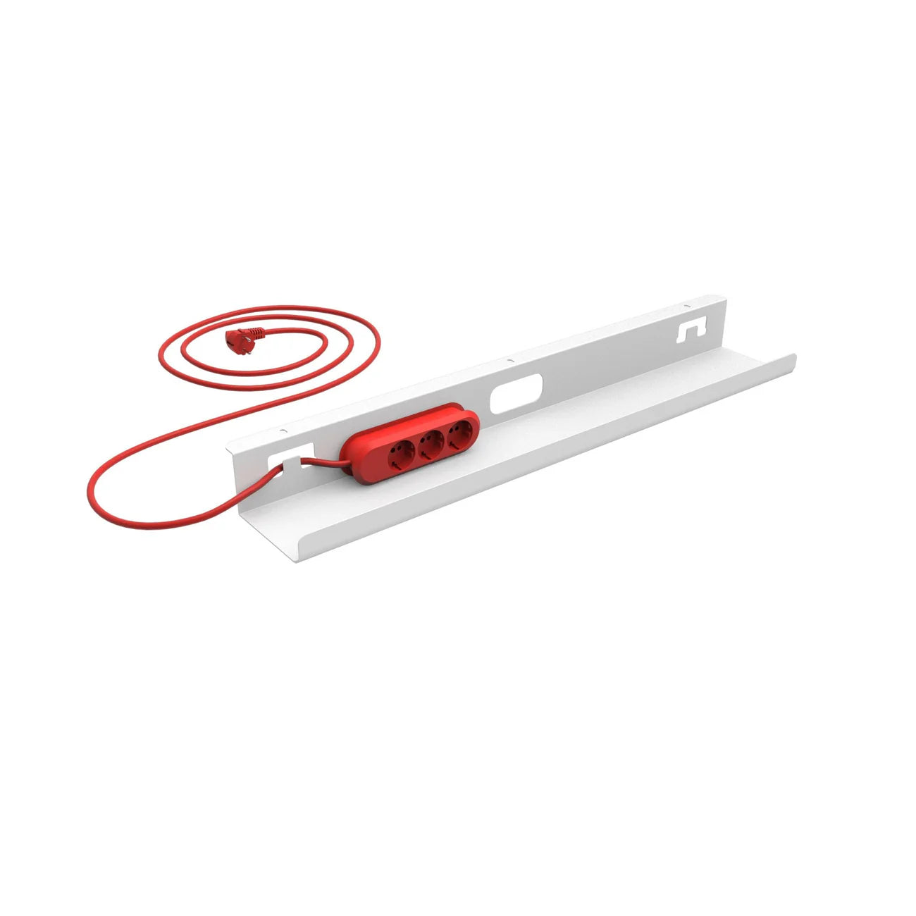 The Kabelwanne - 1 Cable Light EU, a white metal cable tray, neatly holds a red Steckdosenleiste with its power cord—ideal for organizing cables and electrical connections.