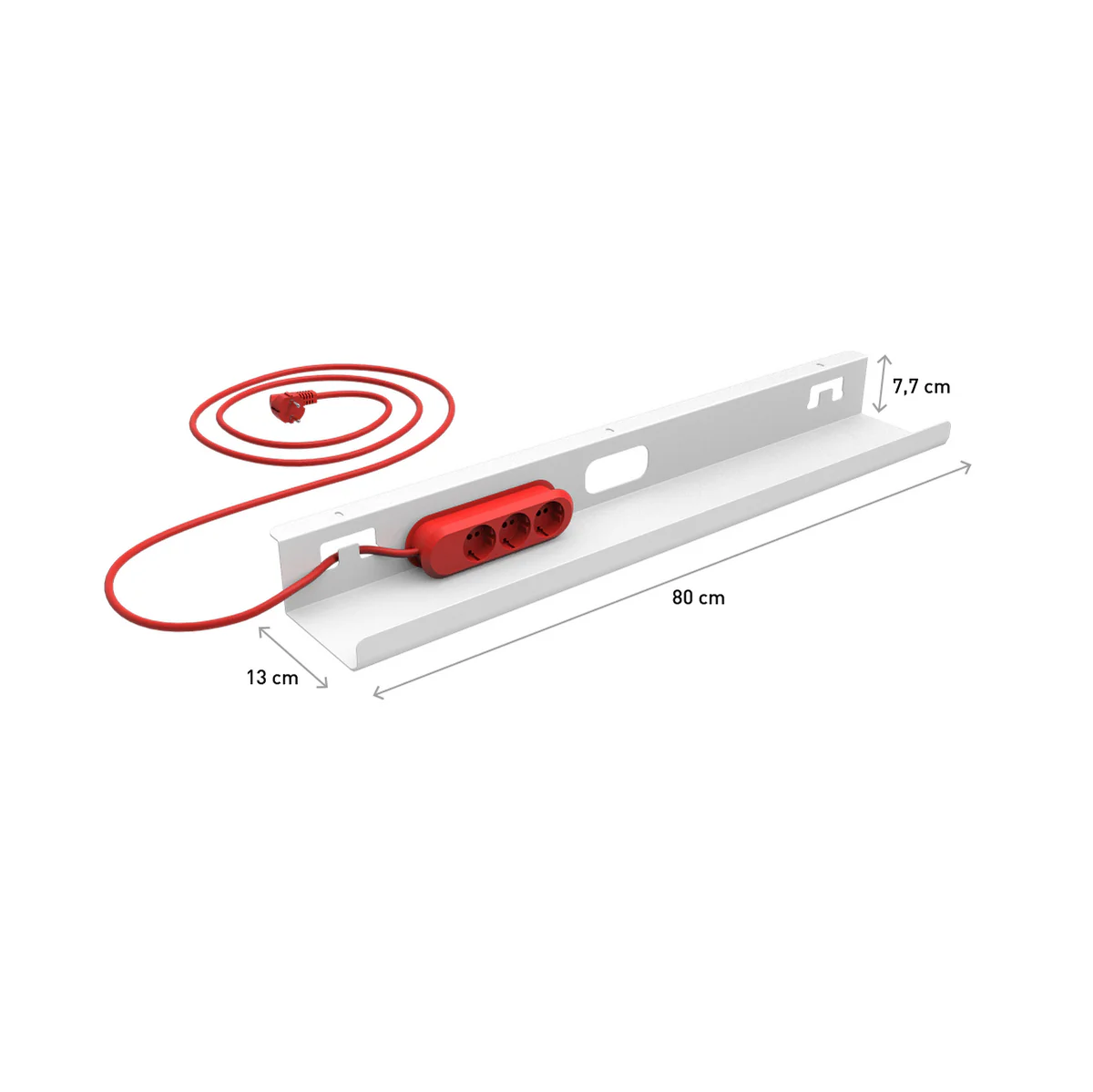The Kabelwanne - 1 Cable Light EU is a white rectangular cable organizer with a red power strip and coiled cord, measuring 80x13x7.7 cm. It includes a cutout for easy cable management and a mounting slot for added convenience.