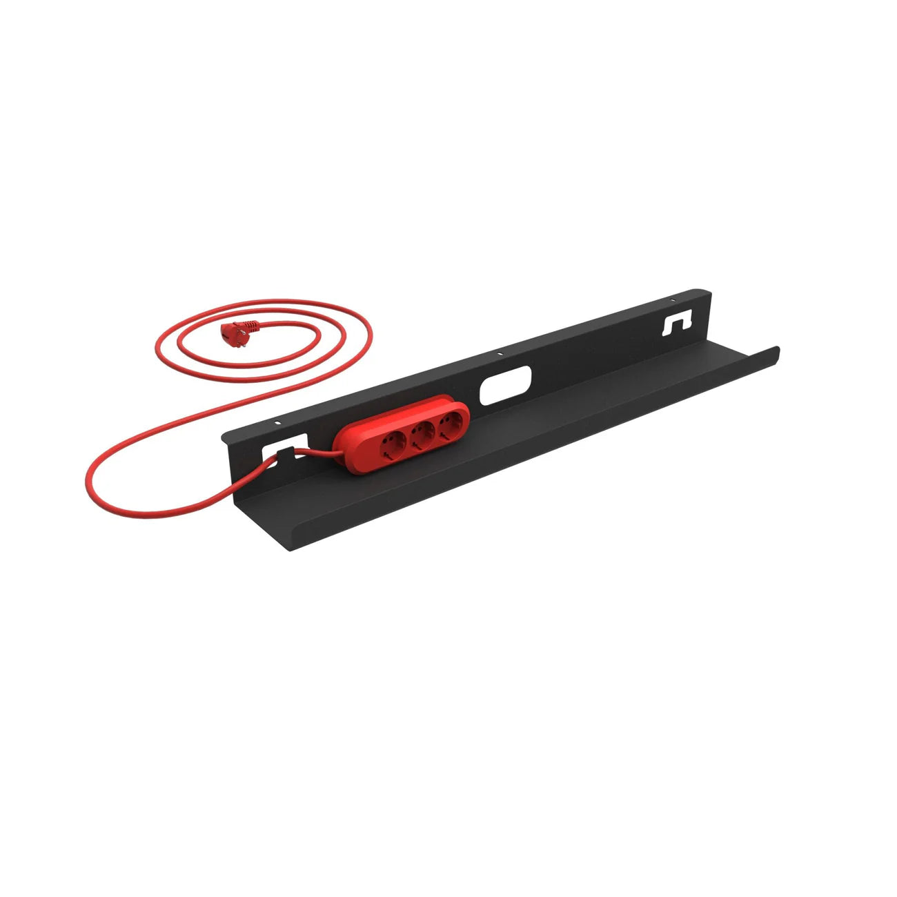 The Kabelwanne - 1 Cable Light EU is a black metal shelf with a central cutout for cable management, designed to hold a red Steckdosenleiste featuring three sockets and a long red power cable.