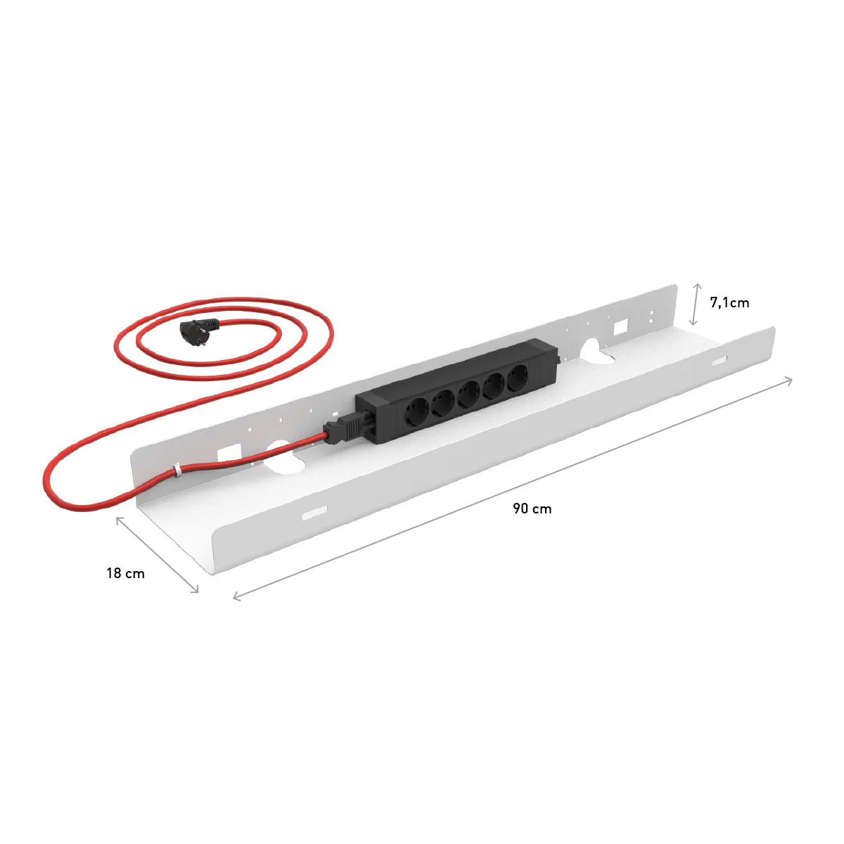 The Kabelwanne - 1 Cable PRO is a white rectangular cable tray with a mounted black power strip, red power cord, and dimensions of 90×18×7.1 cm—ideal for keeping any Eliot workspace organized.