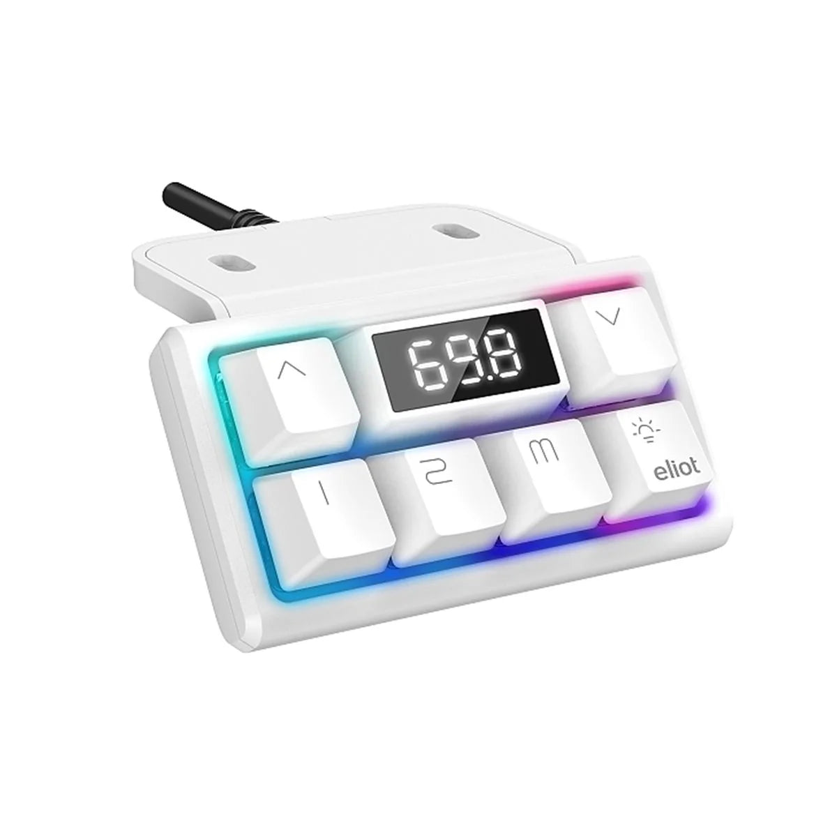 The Keyboardcontroller is a compact white device with six illuminated keys, a color-changing backlight, and an LED height display showing 69.8. It’s wired and features the eliot brand name on the lower right.