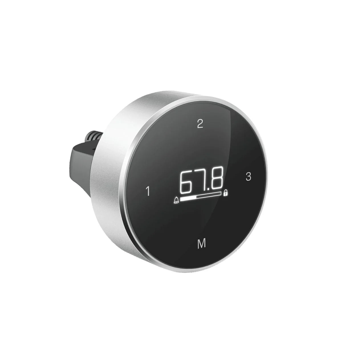 The Smartcontroller - Eliot is a round controller with silver edges, a black display showing 67.8, buttons labeled 1, 2, 3, and M, and a rear plug—perfect for any höhenverstellbarer Schreibtisch.