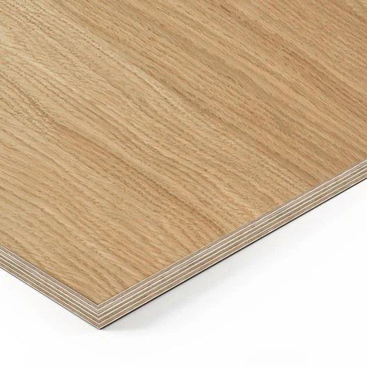 A close-up of Tischplatte - Multiplex Eiche shows its matt lacquered oak veneer surface with visible layered edges, highlighting the multiple thin plywood layers bonded together and the light wood grain finish.