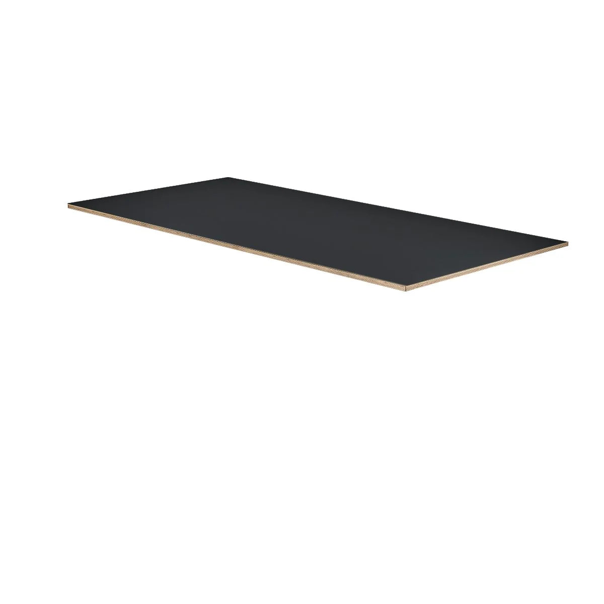 A rectangular, flat Tischplatte – Multiplex Fenix Nero with a matte black surface and light-colored edges, displayed against a white background.