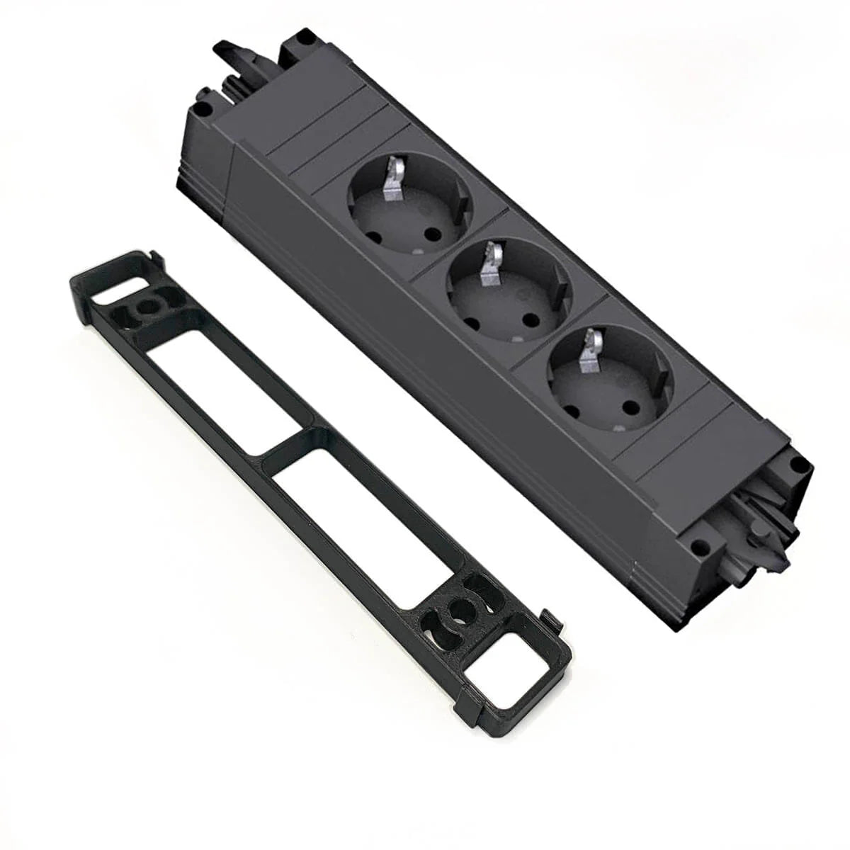 A Steckdosenerweiterung XL PRO in black with a rectangular cover plate is shown on a white background. This triple outlet features three round sockets.