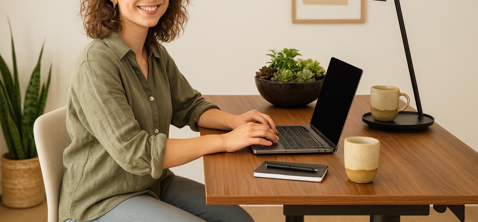 A person with curly hair sits at a wooden desk, smiling and typing on a laptop. The desk has two mugs, a notebook, a pen, a plant, and a lamp. There are plants and framed art in the background.