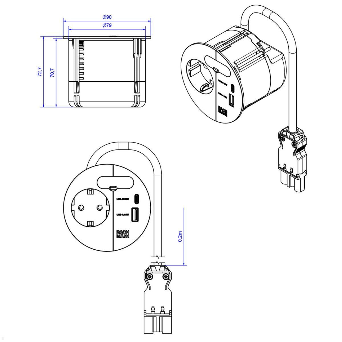Technical line drawing of the Einbausteckdose & Kombicharger - Loop in Charge module with handle, shown from three views. Dimensions labeled: 90mm diameter, 72.7mm height, and 87mm total height incl. handle and Kabeldurchführung.