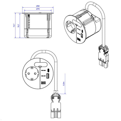 Technical line drawing of the Einbausteckdose & Kombicharger - Loop in Charge module with handle, shown from three views. Dimensions labeled: 90mm diameter, 72.7mm height, and 87mm total height incl. handle and Kabeldurchführung.