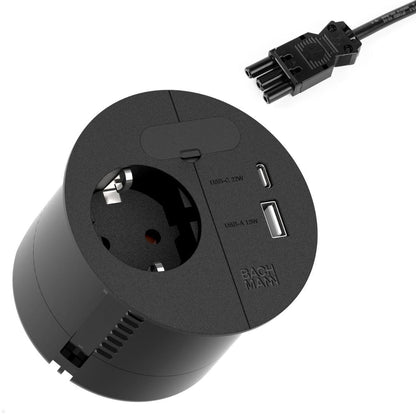 A black circular Bachmann Einbausteckdose & Kombicharger - Loop in Charge features one European socket, USB-C 22W, USB-A 18W, and a detachable cable with a nearby USA Netzstecker.