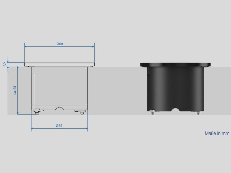 Technical drawing of the cylindrical black Einbausteckdose Pix is shown from front and side, with dimensions labeled in millimeters: 68 mm diameter, 45 mm height, and 3.5 mm top thickness.