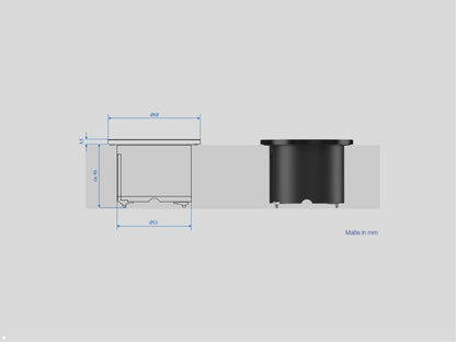 Technical drawing of the black cylindrical Kombicharger USB A/C with USB-A and C ports, showing side and front views, labeled Maße in mm: 64 mm diameter, 55 mm width, 34.5 mm height.