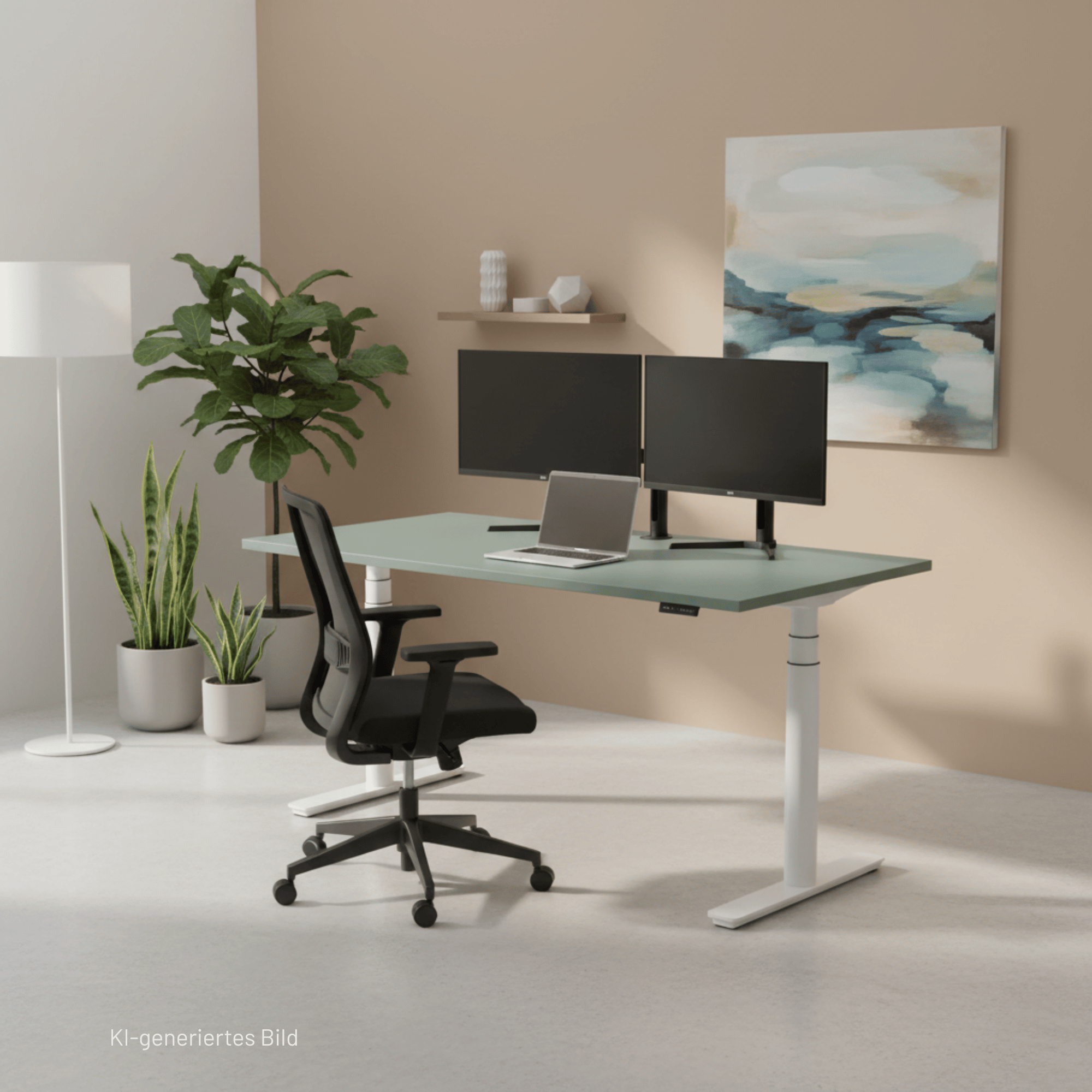 Ein modernes Home-Office mit einer CUBE Products & Furniture Tischplatte - Fjordgrün (matt), einem höhenverstellbaren Schreibtisch, zwei Monitoren, einem Laptop, einem Bürostuhl, Topfpflanzen und abstrakter Wandkunst - alles in helles Tageslicht getaucht.