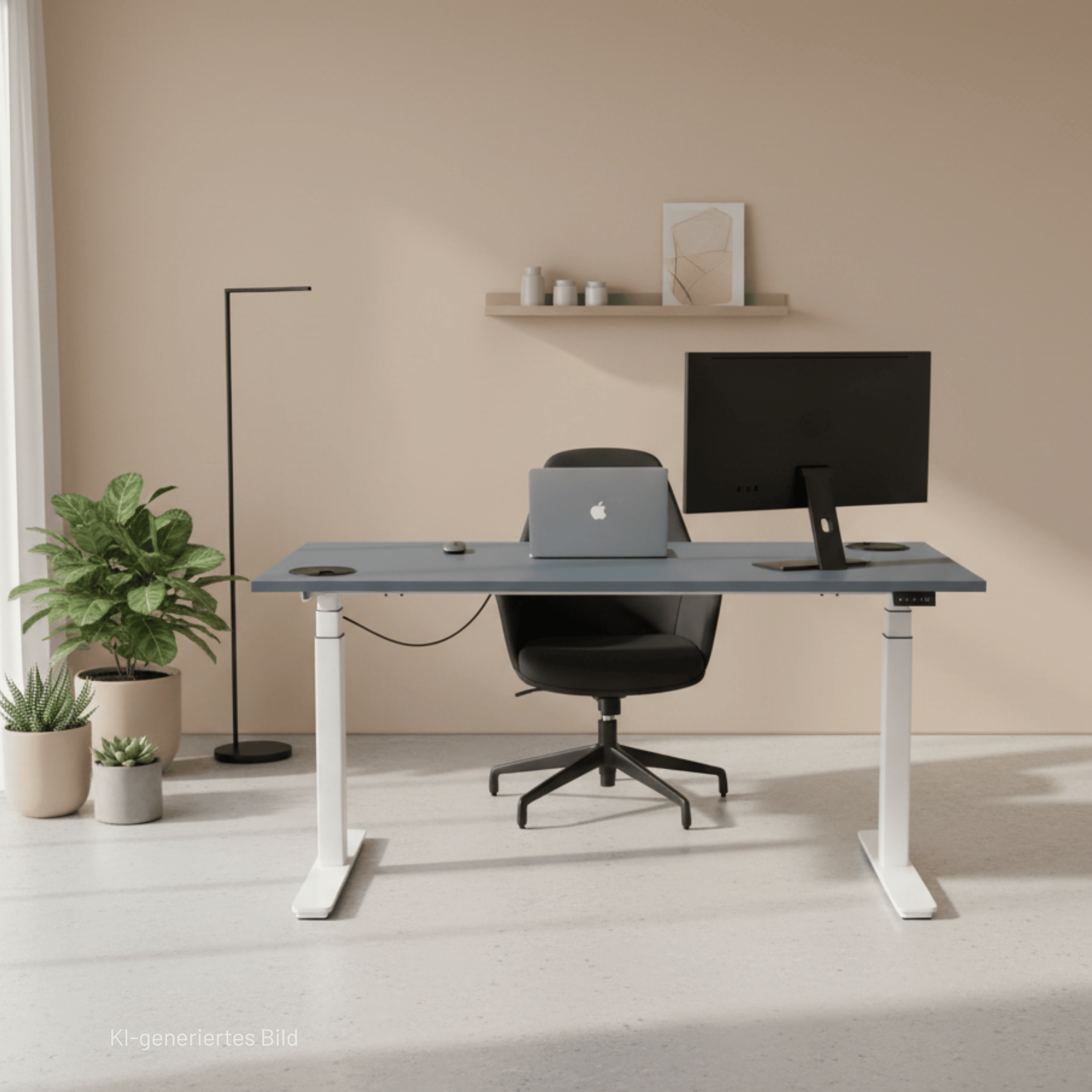 Modernes minimalistisches Büro mit einem höhenverstellbaren Schreibtisch mit der CUBE Products & Furniture Tischplatte - Nebelblau, ergonomischem Stuhl, Laptop, Monitor und Pflanzen. Stehlampe und Regal mit Dekor vervollständigen diesen sauberen, in Deutschland hergestellten Arbeitsbereich.
