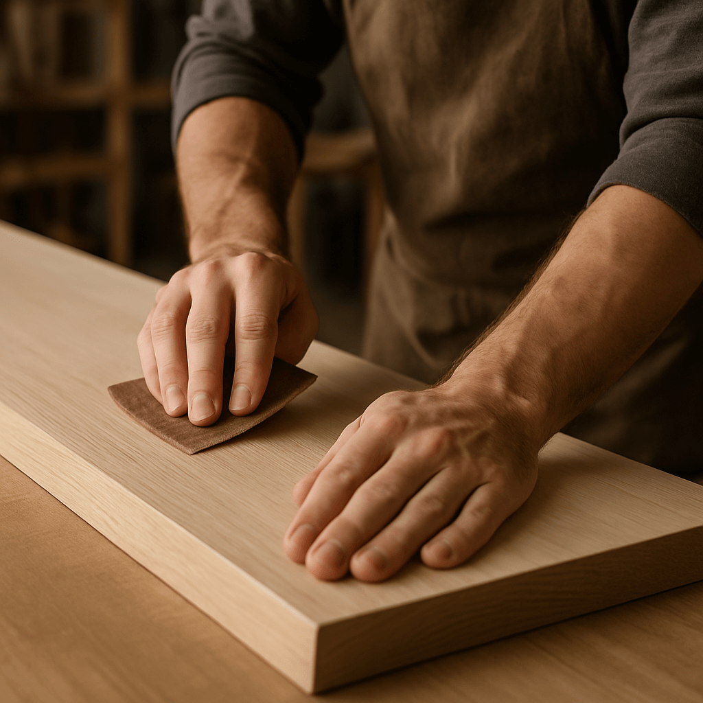 A person wearing an apron uses sandpaper to smooth the surface of a wooden board on a workbench in a woodworking shop.