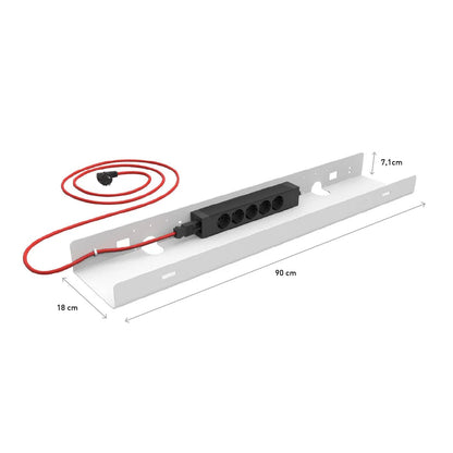 The Kabelwanne - 1 Cable PRO is a white rectangular cable tray with a mounted black power strip, red power cord, and dimensions of 90×18×7.1 cm—ideal for keeping any Eliot workspace organized.