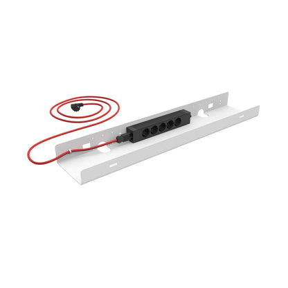 The Kabelwanne - 1 Cable PRO is a white metal cable management tray with an attached black power strip and long red extension cord, designed for efficient cable management and powering your devices.