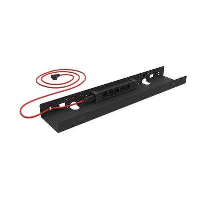The Kabelwanne - 1 Cable PRO is a black metal mount with five outlets, cutouts, and mounting holes for easy installation. It has a red power cable with a black plug—perfect for efficient cable management.