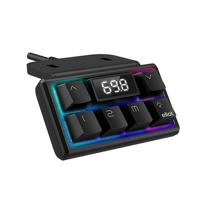 A compact black Keyboardcontroller featuring six illuminated keys, an LED height display showing 69.8, multicolor LED edge lighting, and eliot branding in the bottom right corner.
