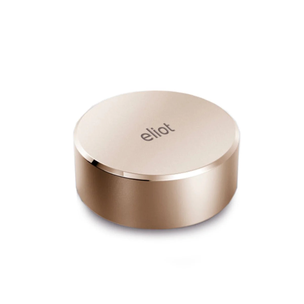 The Rotarycontroller is a round, metallic, rose gold device with "eliot" engraved on top, serving as a sleek rotary controller and displayed against a plain white background.