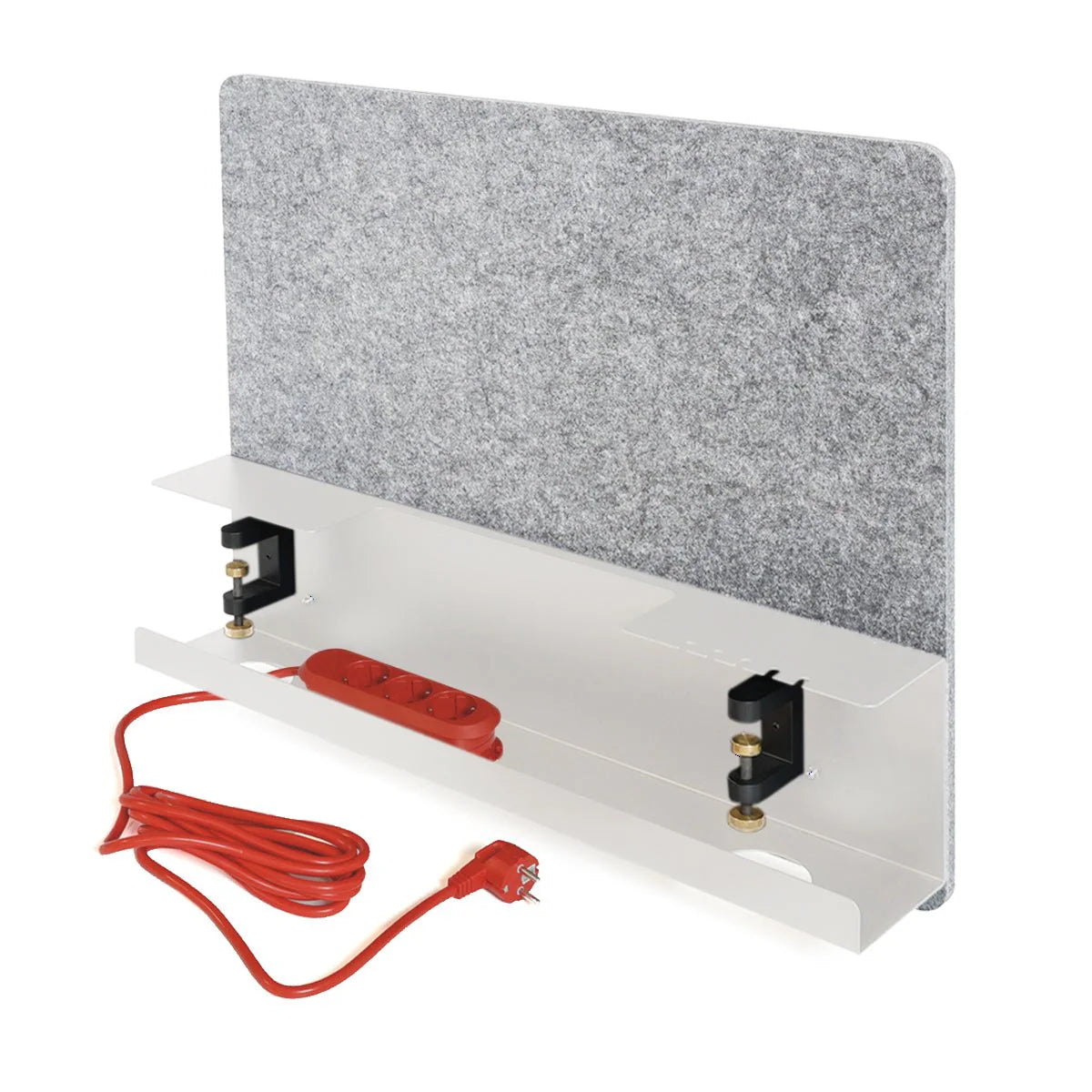 The Screen S mit Elektrifizierung is a gray pinnbare Filzwand privacy panel with metal desk mount, black brackets, built-in red 3-outlet power strip, and red cord—ideal for Kabelmanagement, Schreibtisch Trennwand, and office desk organization.