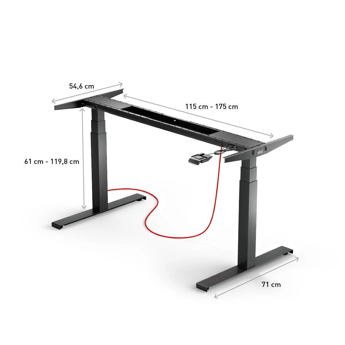 The Tischgestell - Eliot Lock is an adjustable black desk frame (length: 115–175 cm, width: 54.6 cm, depth: 71 cm, height: 61–119.8 cm) featuring a red cable for Kabelmanagement and a visible Desk-Panel control.