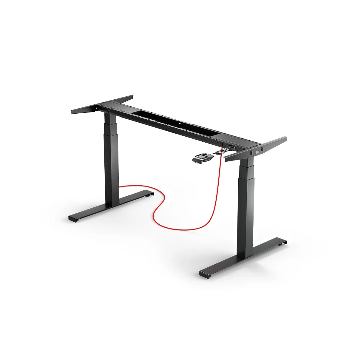 The Tischgestell - Eliot Lock is a black, höhenverstellbarer Schreibtisch frame with electronic controls, smart Kabelmanagement, and a red power cord, shown on a white background without a Desk-Panel attached.