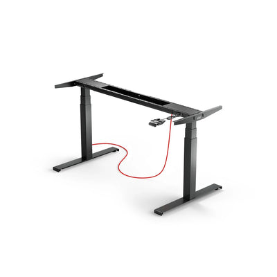 The Tischgestell - Eliot Lock is a black, höhenverstellbarer Schreibtisch frame with electronic controls, smart Kabelmanagement, and a red power cord, shown on a white background without a Desk-Panel attached.