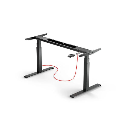 The Tischgestell - Eliot Lock is a black, höhenverstellbarer Schreibtisch frame with electronic controls, smart Kabelmanagement, and a red power cord, shown on a white background without a Desk-Panel attached.