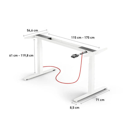 Tischgestell - Eliot Lock: Höhenverstellbares weißes Gestell mit schwarzem Desk-Panel, rotem Kabelmanagement, Breite 115–175 cm, Tiefe 54,6 cm, Höhe 61–119,8 cm, Gestelllänge 71 cm und Fußtiefe 8,5 cm.