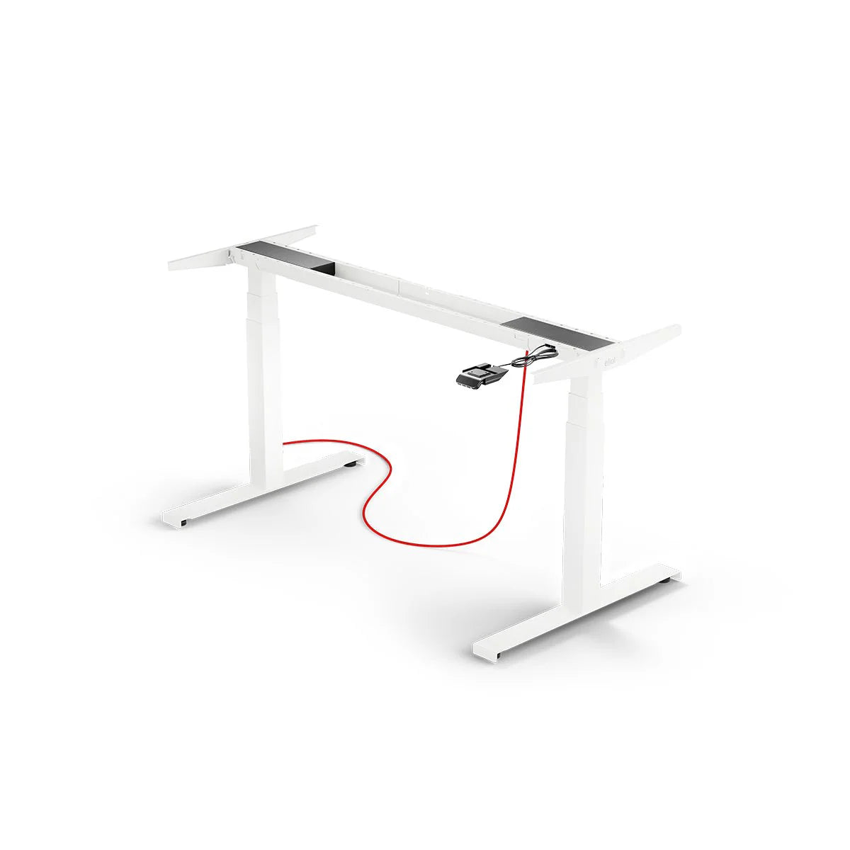 The Tischgestell - Eliot Lock is a white, höhenverstellbares Schreibtischgestell with a red power cable and Desk-Panel attached, displayed ohne Tischplatte auf weißem Hintergrund – optimal für effizientes Kabelmanagement.