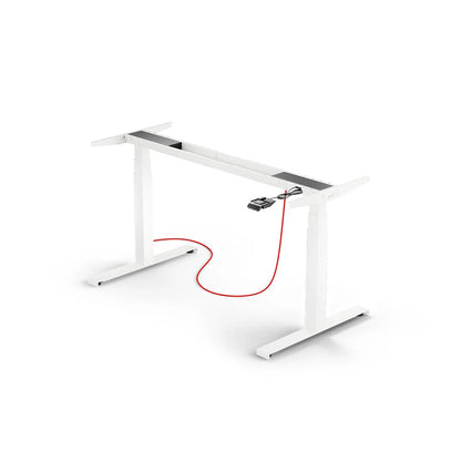 The Tischgestell - Eliot Lock is a white, höhenverstellbares Schreibtischgestell with a red power cable and Desk-Panel attached, displayed ohne Tischplatte auf weißem Hintergrund – optimal für effizientes Kabelmanagement.