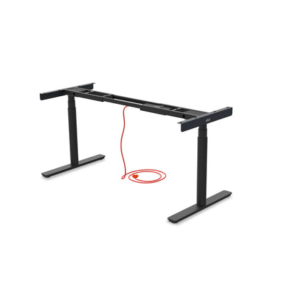The Tischgestell - Eliot Original, a black, two-legged electric desk frame with a red power cord, perfect for any home office, is displayed on a white background without a desktop.