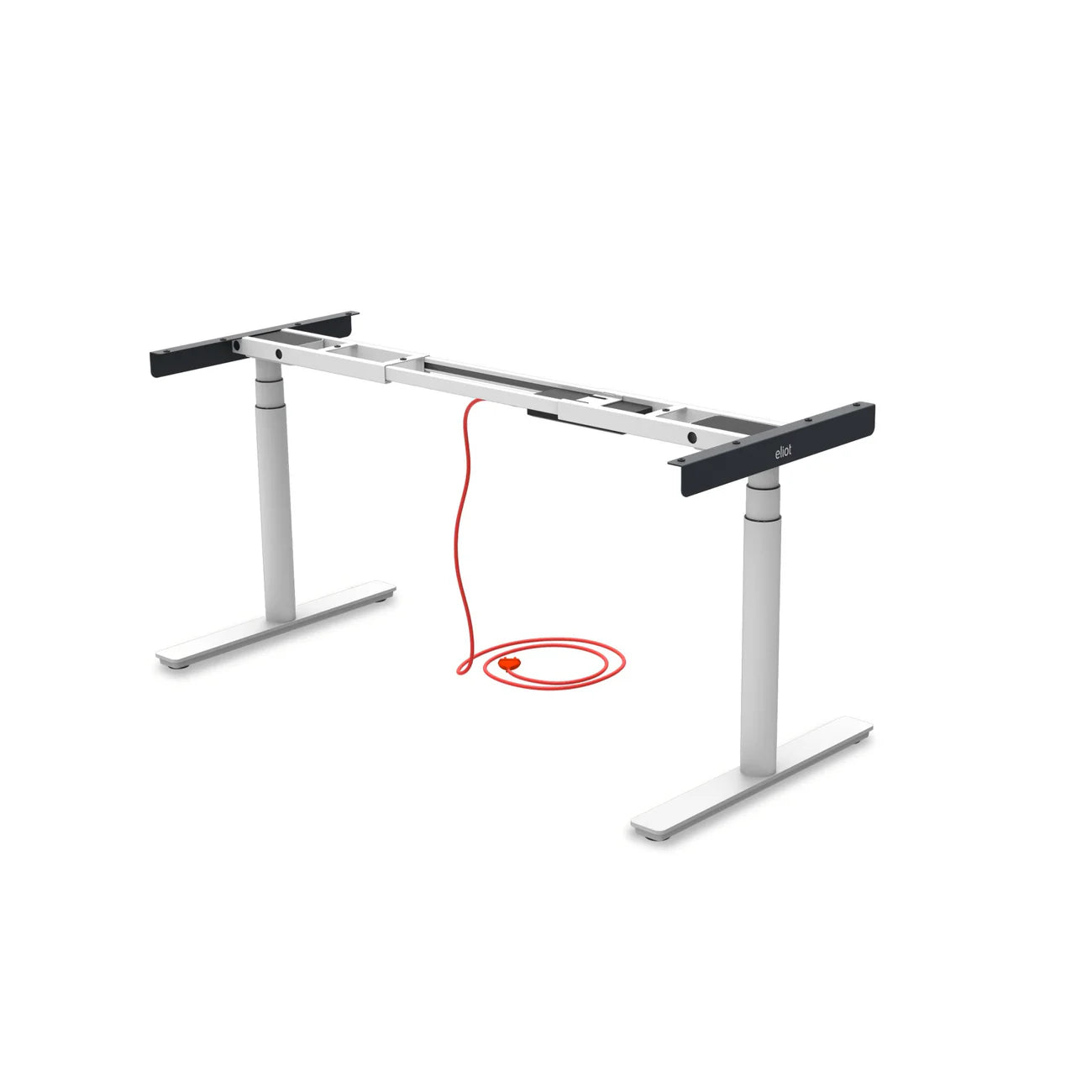 The Tischgestell - Eliot Original is an adjustable white two-legged electric desk frame with a red power cable, ideal for any home office. No desktop included. Shown against a plain white background.