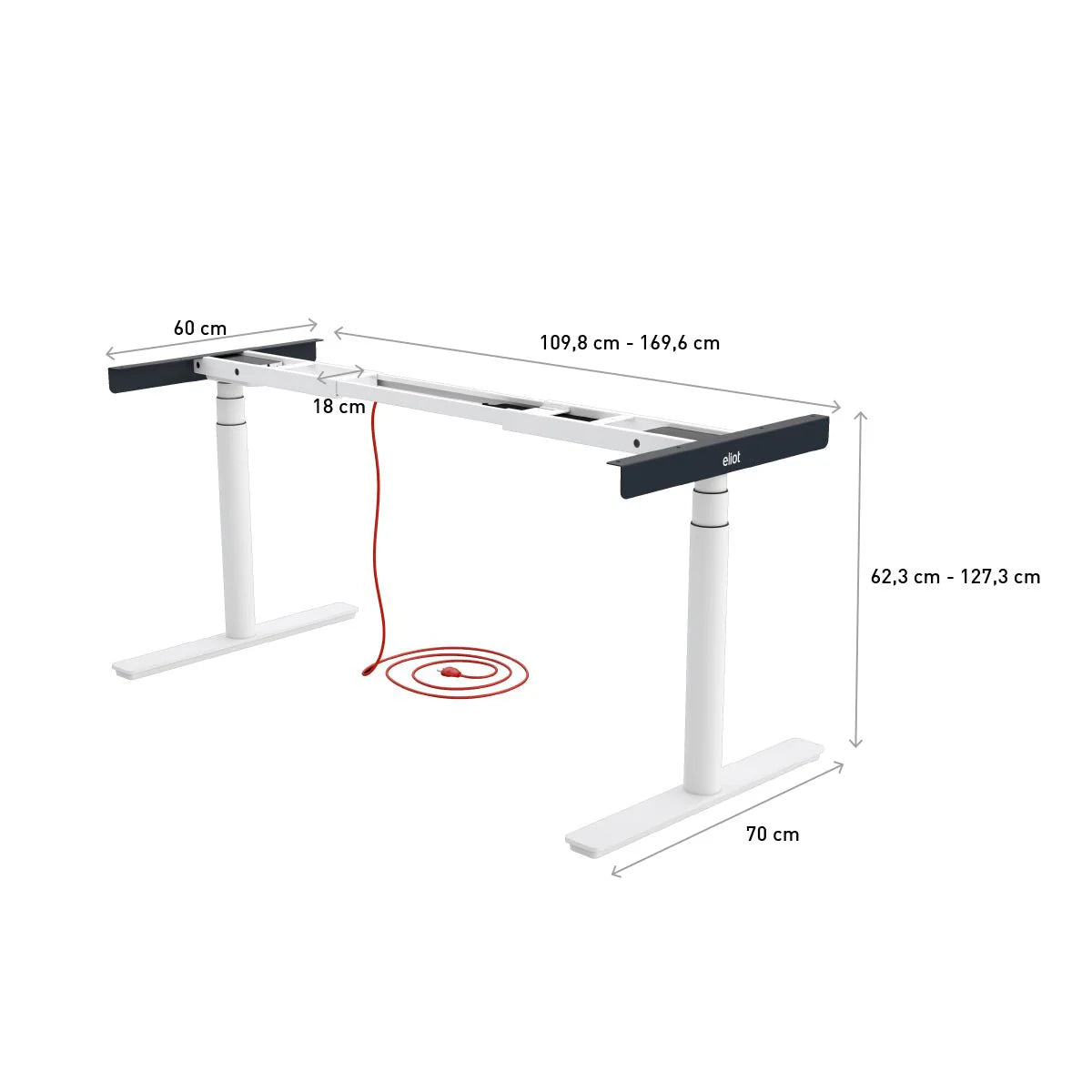 The Tischgestell - Eliot Original is a height-adjustable white desk with black trim, perfect for the home office. Dimensions: width 109.8–169.6 cm, depth 60 cm, height 62.3–127.3 cm; includes visible red cable and elektrisches Tischgestell.