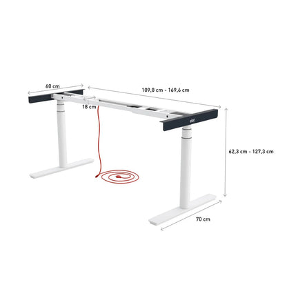 The Tischgestell - Eliot Original is a height-adjustable white desk with black trim, perfect for the home office. Dimensions: width 109.8–169.6 cm, depth 60 cm, height 62.3–127.3 cm; includes visible red cable and elektrisches Tischgestell.