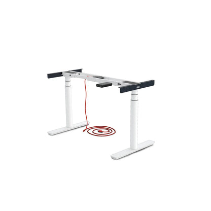 Elektrisch verstellbares Tischgestell „Eliot Tiny“: Kompaktes, weißes Gestell mit zwei Beinen, schwarzen Querstreben und rotem Spiralkabel – abgebildet vor weißem Hintergrund.