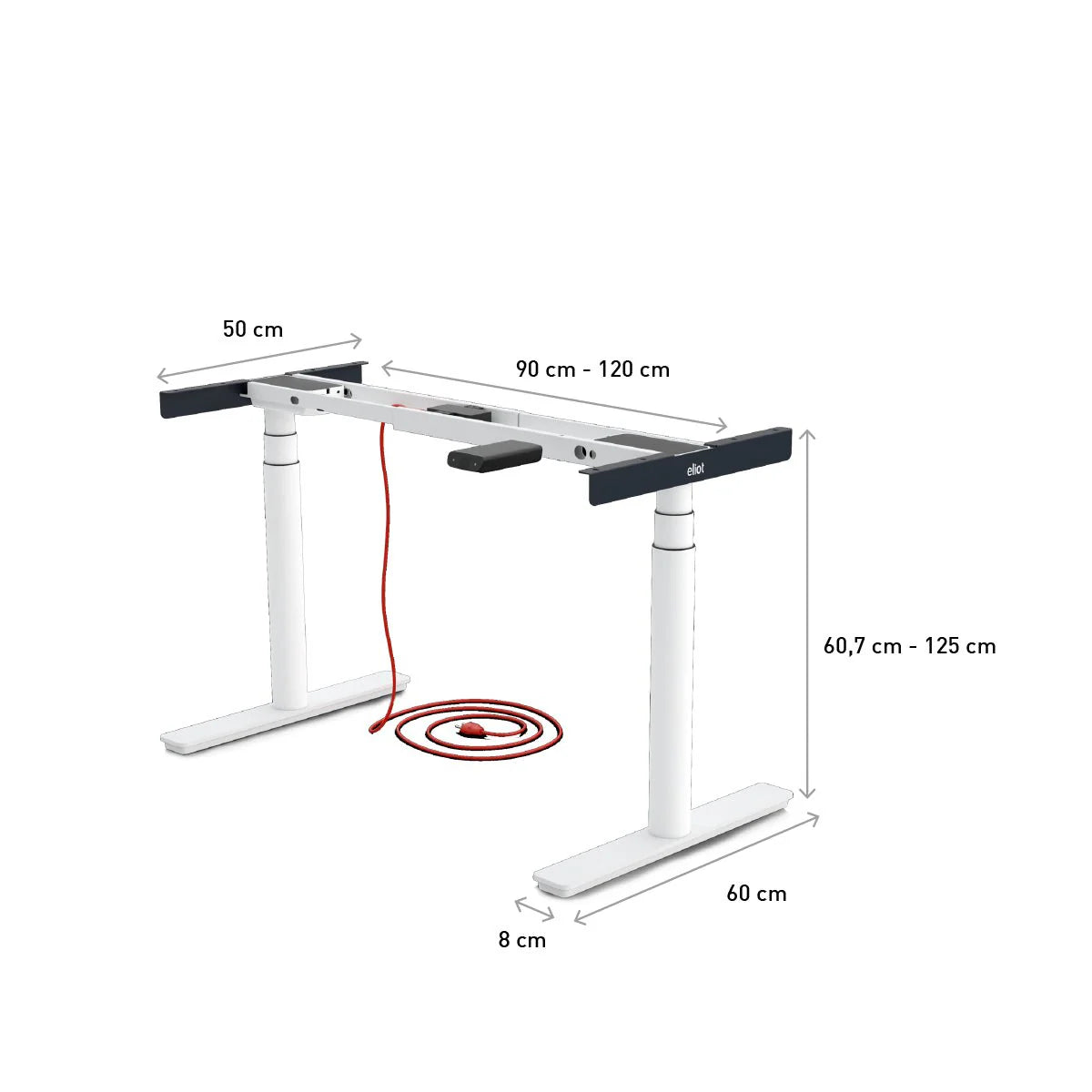 Elektrisch verstellbares Tischgestell Eliot Tiny: Weißer Rahmen, 90–120 cm breit, 60,7–125 cm hoch, Seitentiefen: 50 und 60 cm. Fußbreite: 8 cm. Rotes Kabel unter dem Gestell aufgewickelt.