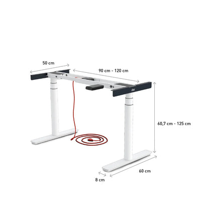 Elektrisch verstellbares Tischgestell Eliot Tiny: Weißer Rahmen, 90–120 cm breit, 60,7–125 cm hoch, Seitentiefen: 50 und 60 cm. Fußbreite: 8 cm. Rotes Kabel unter dem Gestell aufgewickelt.