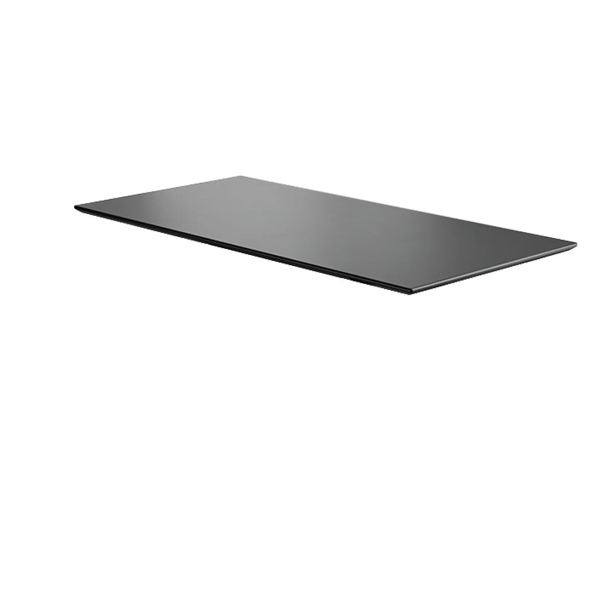 Die Tischplatte - MDF Schwarz mit Fase von Smartfurniture GmbH ist eine rechteckige, schwarze MDF-Platte mit Fase, kratz- und abriebfest, und wird isoliert vor weißem Hintergrund präsentiert.